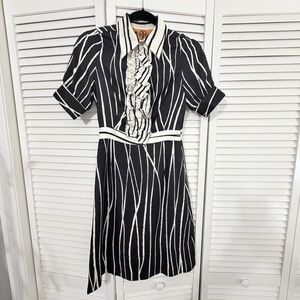 Tory Burch Black & Ivory Striped Ruffle Front Dress | Silk | Size 4